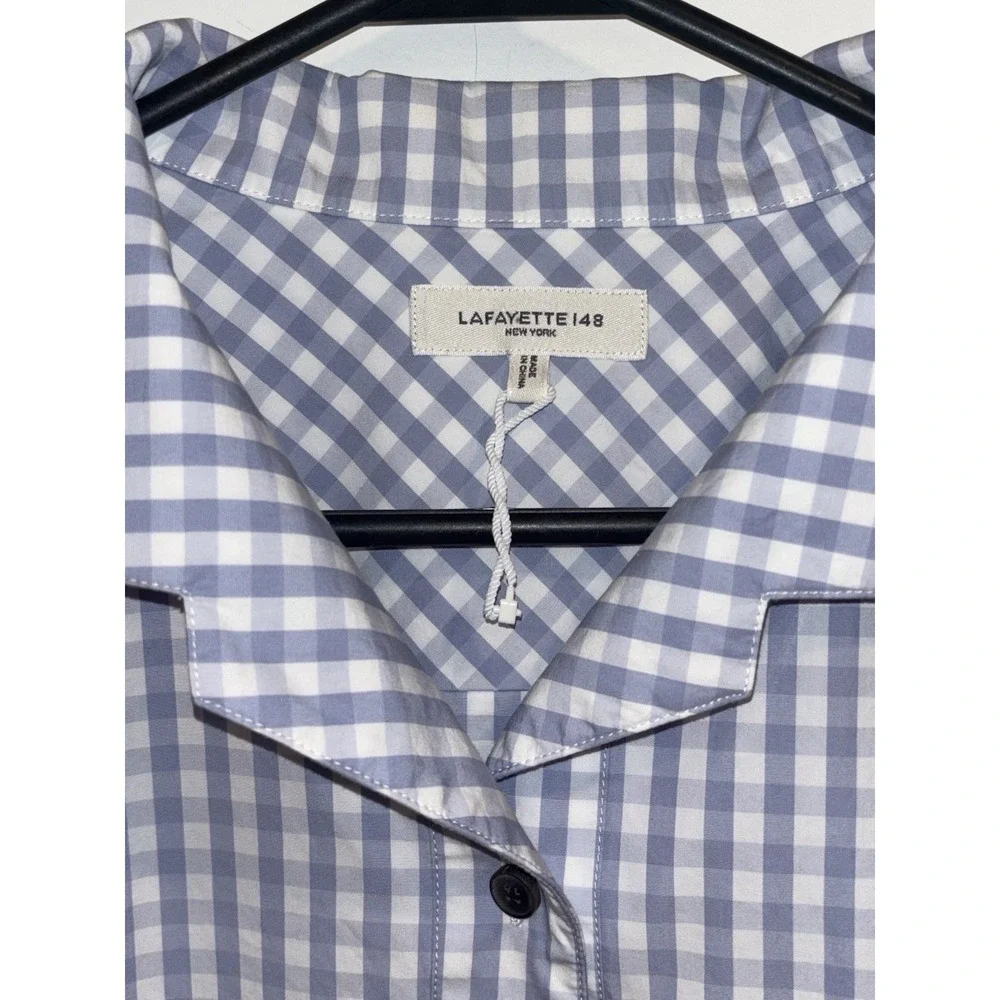 LAFAYETTE 148 GINGHAM COTTON POPLIN NOTCHED SHAWL COLLAR SHIRT 2XL $359 EUC - Picture 8 of 13